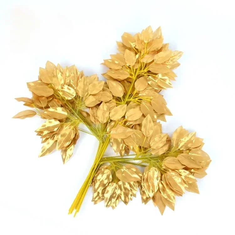 12 pezzi/una dozzina di foglie di albero di banyan dorato artificiale, sfondo per feste di matrimonio, decorazioni per la casa, decorazioni per hotel fai da te, fiori finti