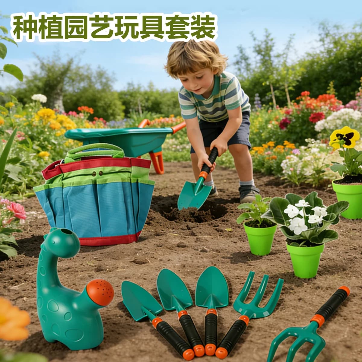 Set di giocattoli per il giardinaggio, giocattoli da spiaggia per bambini, carriola, annaffiatoio, pala, rastrello, gioco di simulazione per la piantumazione