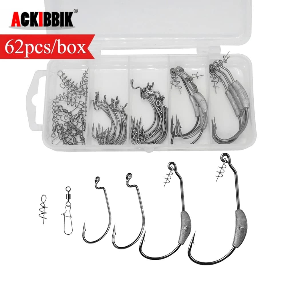 Ackibbik 62 pz/scatola Ami da pesca ponderati Jig Verme Ganci Amo da pesca Verme d'acqua salata Offset Amo da pesca Attrezzatura da pesca