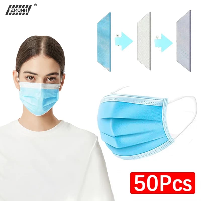 [H]50 pezzi Maschere a 3 strati in tessuto non tessuto melt-blown, monouso, protettive antipolvere, blu, per adulti