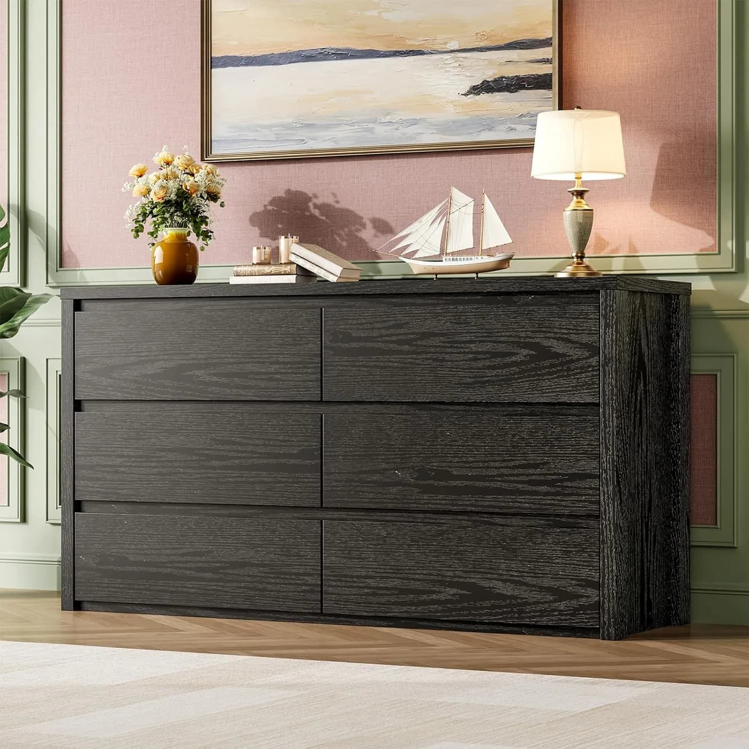 6 Drawer Wide Dresser Handle-Free, Modern Wood Chest for Bedroom Living Room