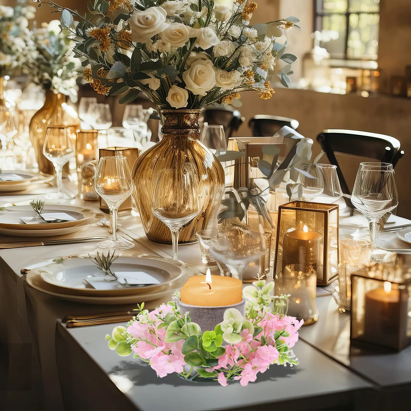 Fake Flower Ring Wreath Elegant Wedding Wreath Ring Small Tabletop Centerpiece Decoration for Ceremony Reception