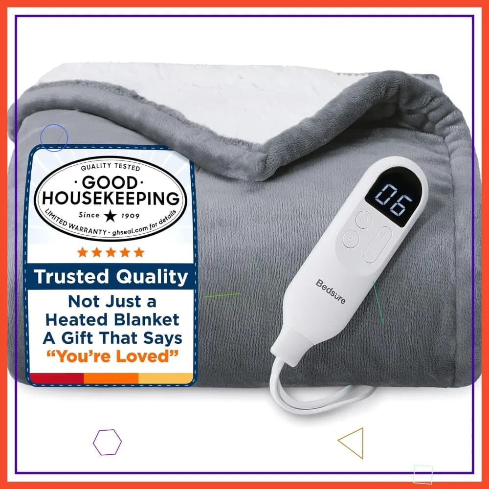 Coperta Elettrica a Riscaldamento Rapido con 4 Impostazioni di Tempo e 6 Livelli di Calore, Morbida in Flanella per Anziani (50x60, Grigio)