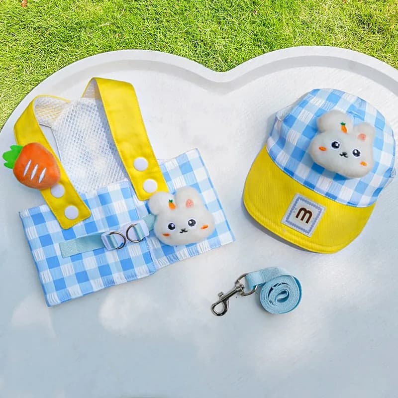 Dog Harness Leash and Sun Hat 3Set Cute Rabbit Plaid Summer Puppy Supplies Thin Vest Harnesses Dog Chest Strap Pet Traction Rope