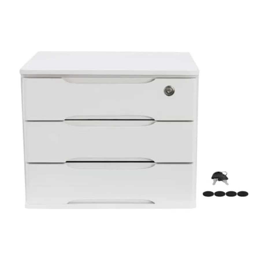 Organizzatore da Scrivania a 3 Livelli con Cassetti Bloccabili, Contenitore in Legno per Archiviazione, Armadietto Portadocumenti da Scrivania Bianco Sicuro