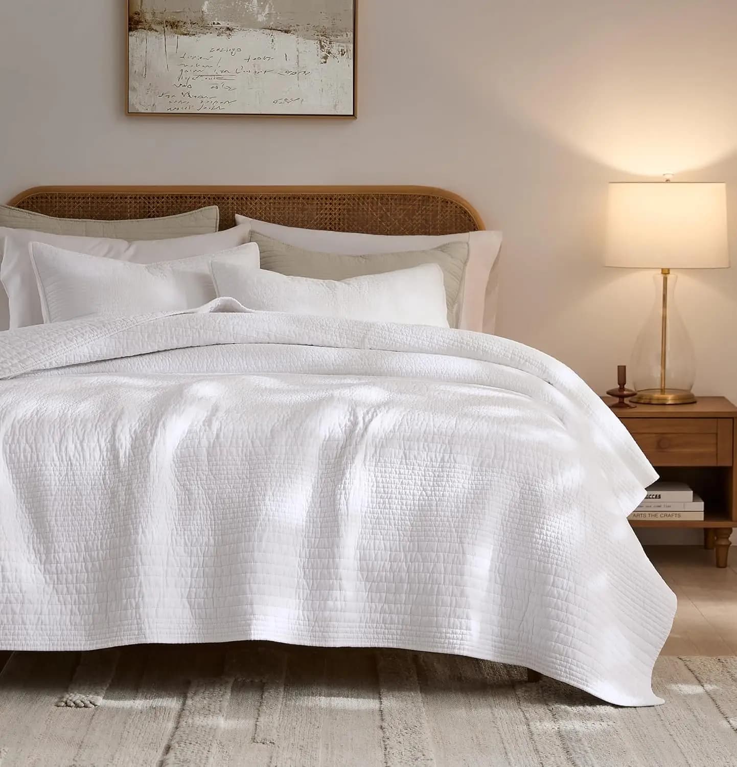 Set Cover California King 100% Cotton White Rows, Lightweight Style Rustic Channel Quilting for All Seasons