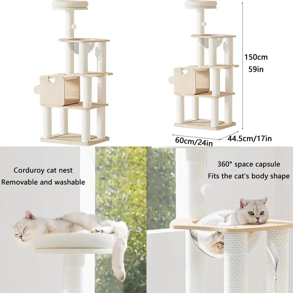 Torre per albero per gatti in legno multistrato di grandi dimensioni con tiragraffi, 59 pollici di altezza, per arrampicata e riposo