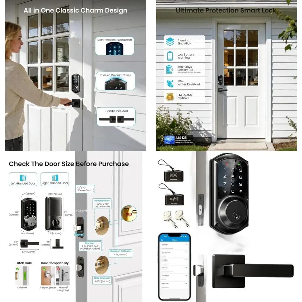 Serratura Digitale Intelligente con Touchscreen e Maniglia, Controllo App, Accesso Senza Chiave, Chiusura Automatica, Impermeabile, Facile Installazione, Finitura Opaca
