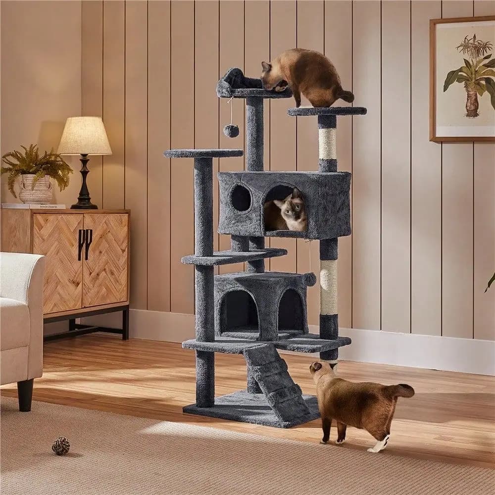 Albero per Gatti 54 Pollici, Torre Multilivello con 2 Casette, 2 Palline Pendenti, 3 C