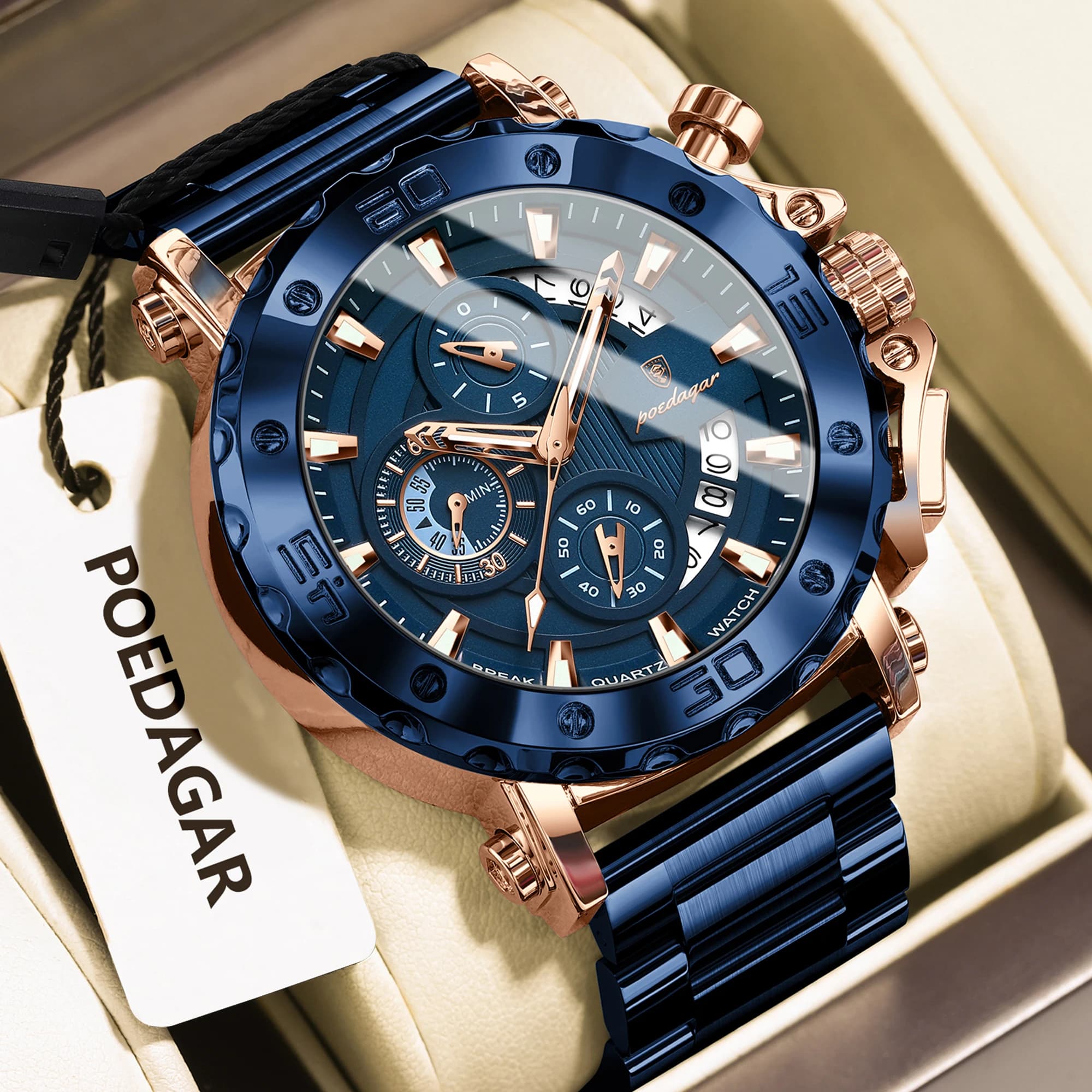 POEDAGAR Orologio da polso da uomo di lusso Data Orologio da uomo al quarzo impermeabile luminoso Cronografo da uomo in acciaio inossidabile Orologi Reloj