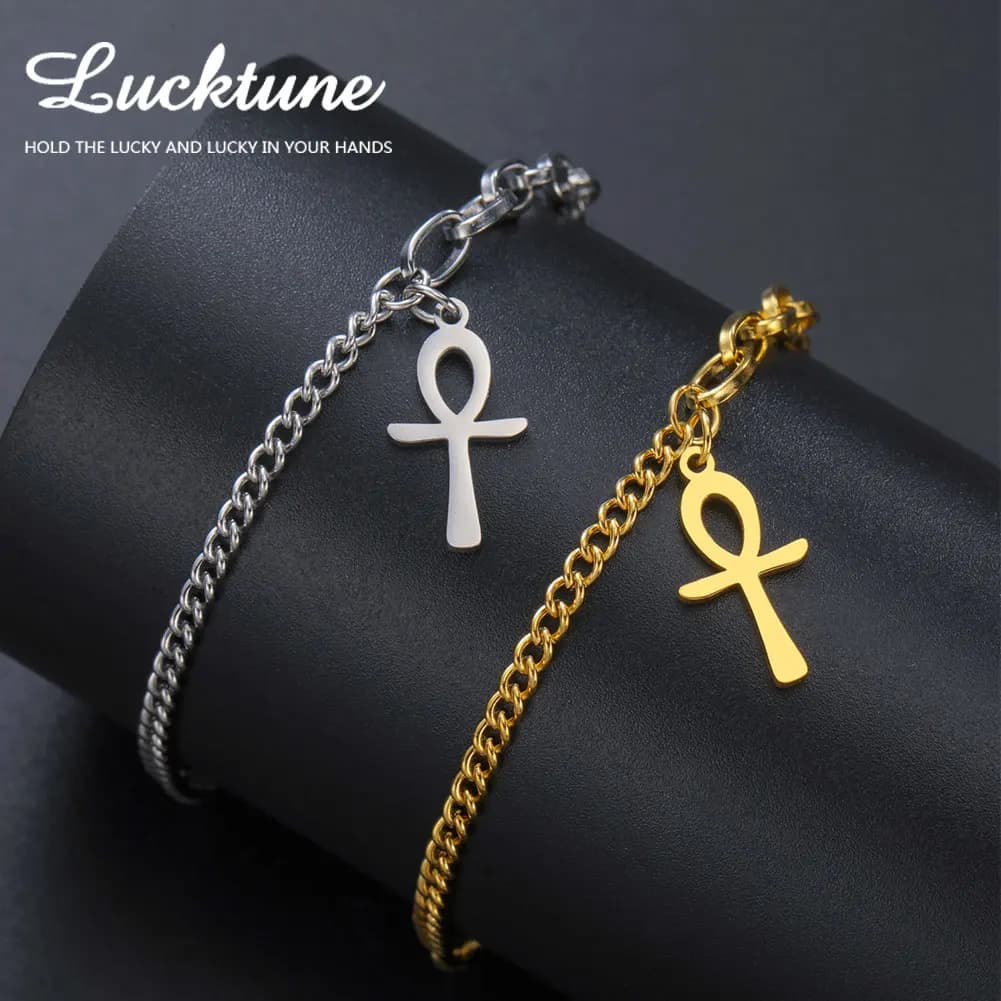 Lucktune Bracciale con croce egiziana Ankh per donna Uomo Acciaio inossidabile Vintage antica chiave della vita Bracciale Amuleto Regalo di gioielli Nuovo
