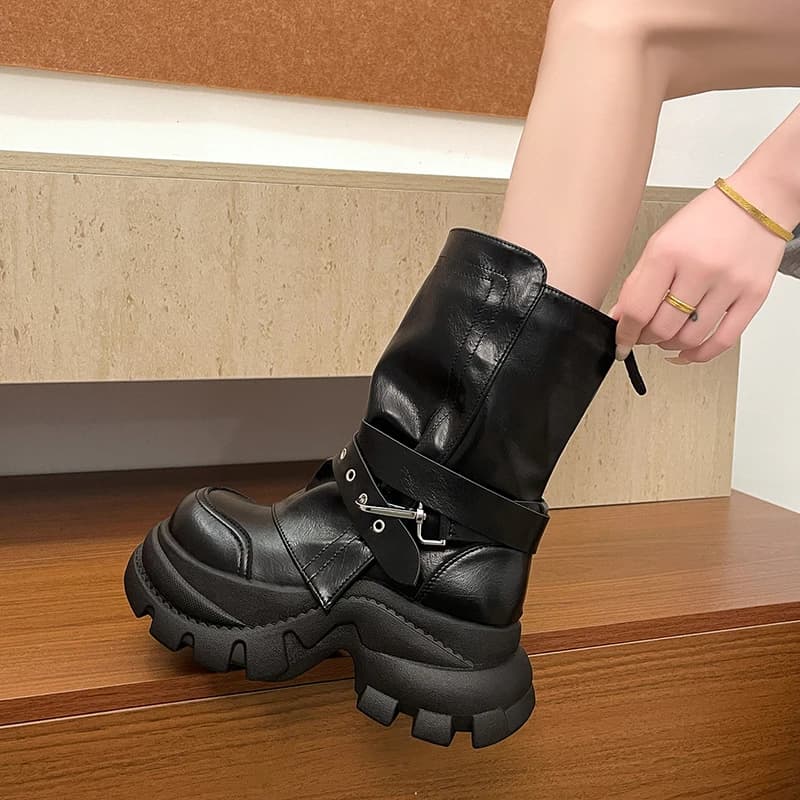 Women's Leather Single Boots 2026 New Autumn Versatile British Style Height Increasing Belt Buckle Thick Soled Slim Women Boots