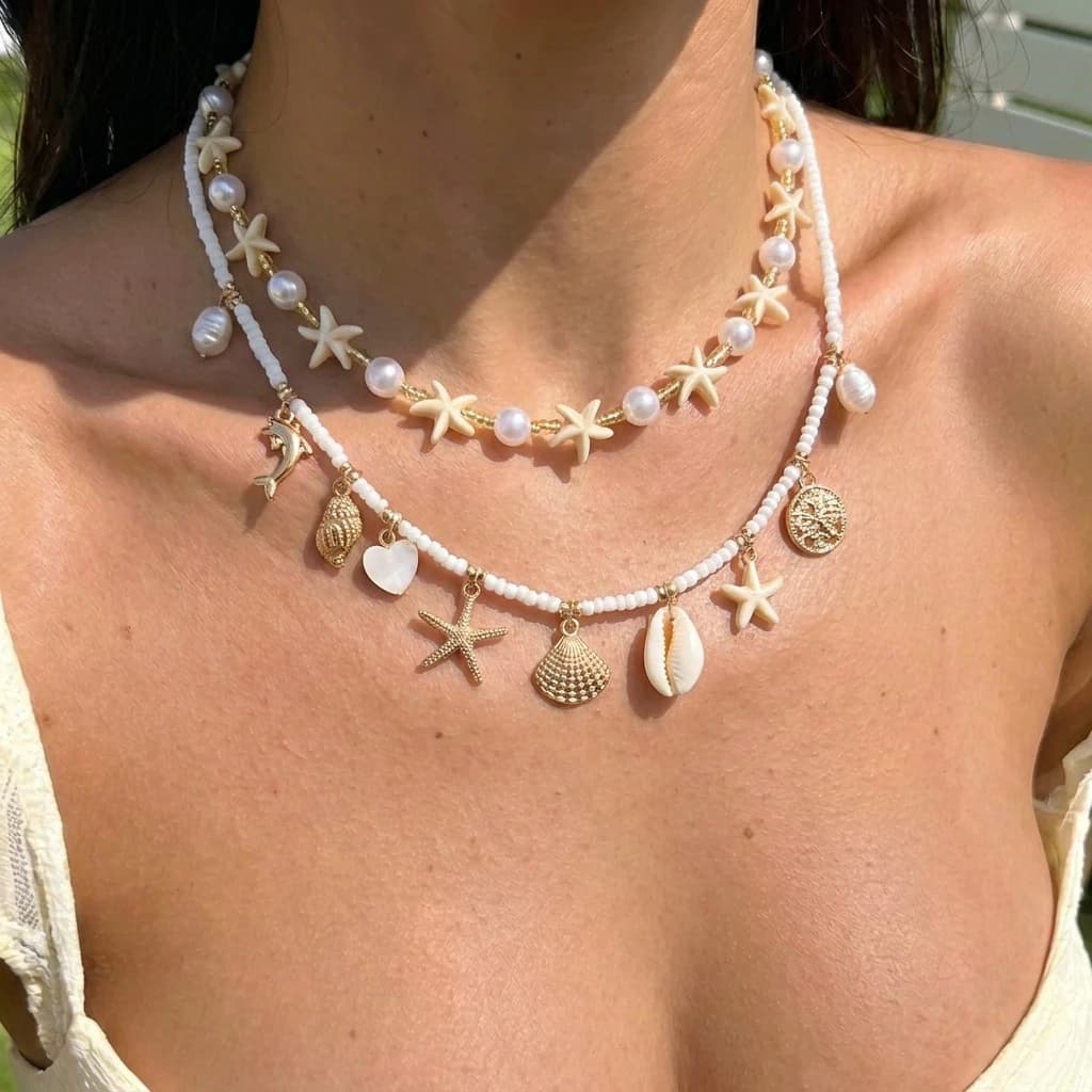 Bohemia Double Layer Shell Conch Pendant Necklace for Women Handmade Imitation Pearl Starfish Beaded Choker Beach Party Jewelry
