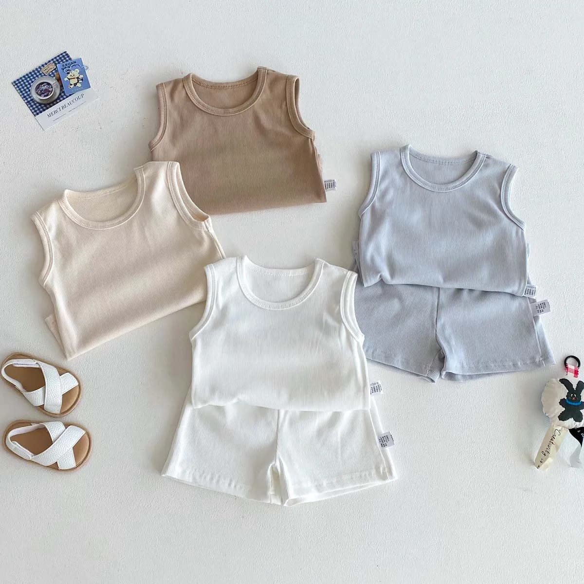 Summer Baby and Children's Solid Color Pit Strip Tank Top Comfortable Soft Sleeveless Shorts Two Piece Set for Boys and Girls