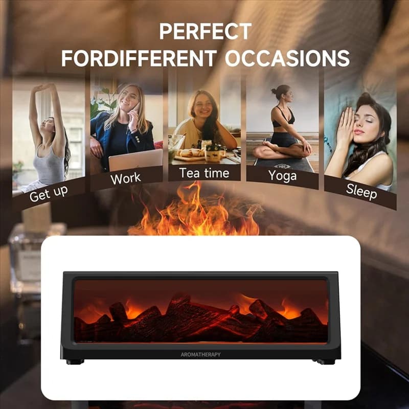 A005-Umidificatore con Fiamma Simulata Effetto Legno, Diffusore di Aromi a Fiamma di Caminetto, Umidificatore da Tavolo con Fiamma Simulata per Casa