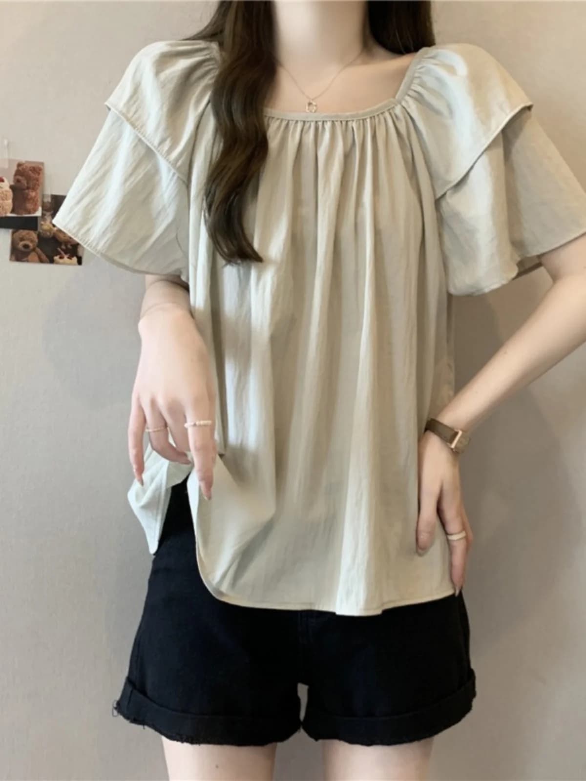 Puffy Sleeve Square Collar Short Sleeve Chiffon Shirt Women Summer plus Size Conceal Belly Doll Shirt Korean Style Loose Fit
