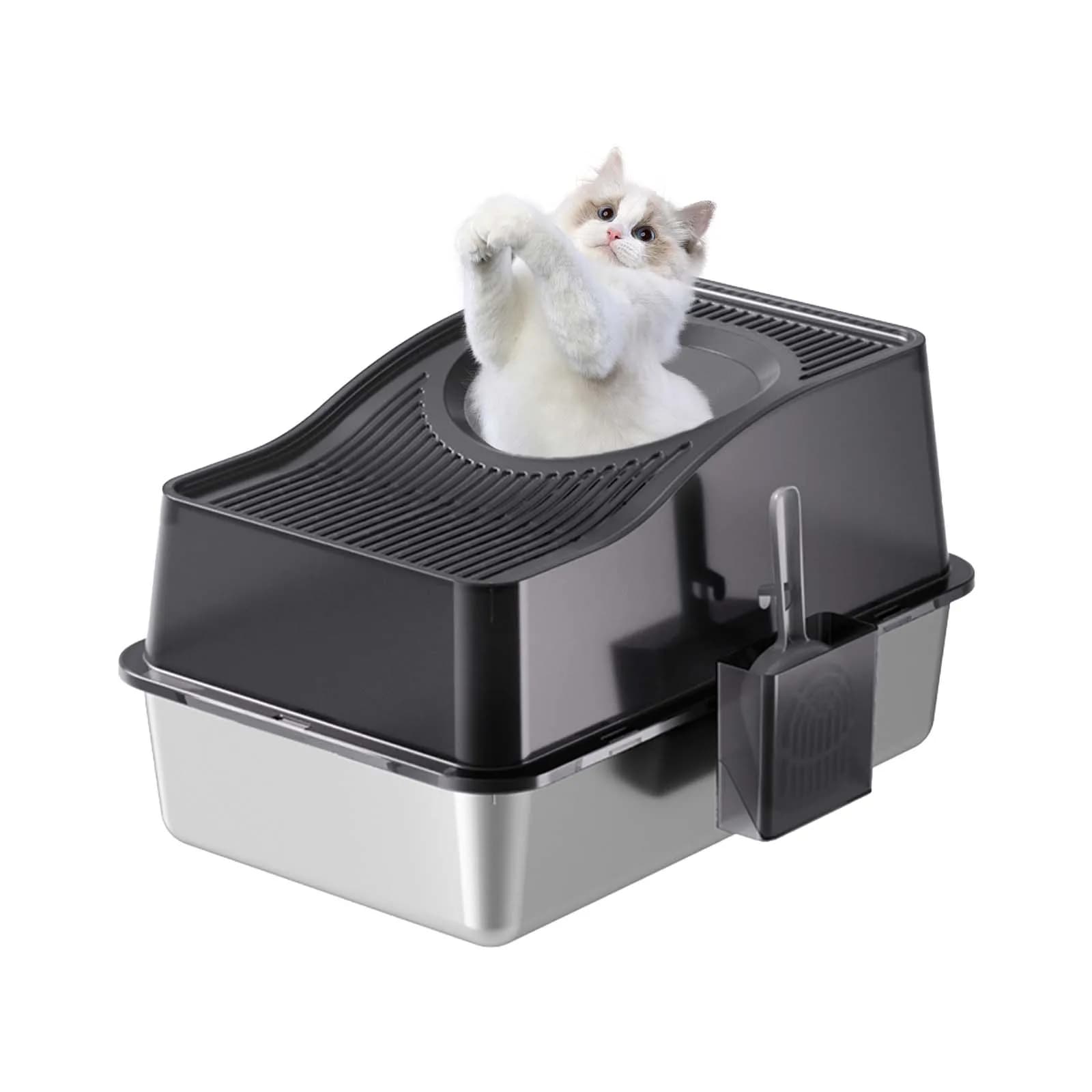Lettiera per gatti in acciaio inossidabile con coperchio, lettiera chiusa con tappetino e paletta, lettiera extra large con bordi alti.