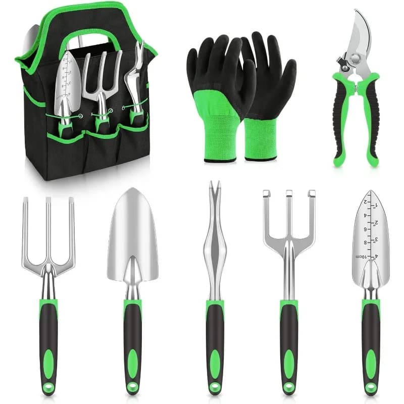 Set di 8 Attrezzi da Giardinaggio con Borsa, Guanti e Cesoie per la Cura delle Piante