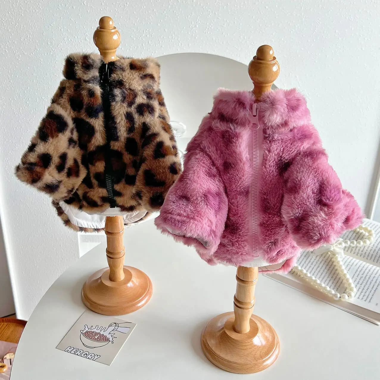 Leopard Print Faux Fur Dog Winter Coat High Collar Warm Two-Leg Pet Jacket For Small Medium Dogs Bichon Teddy Warm Puppy Clothes
