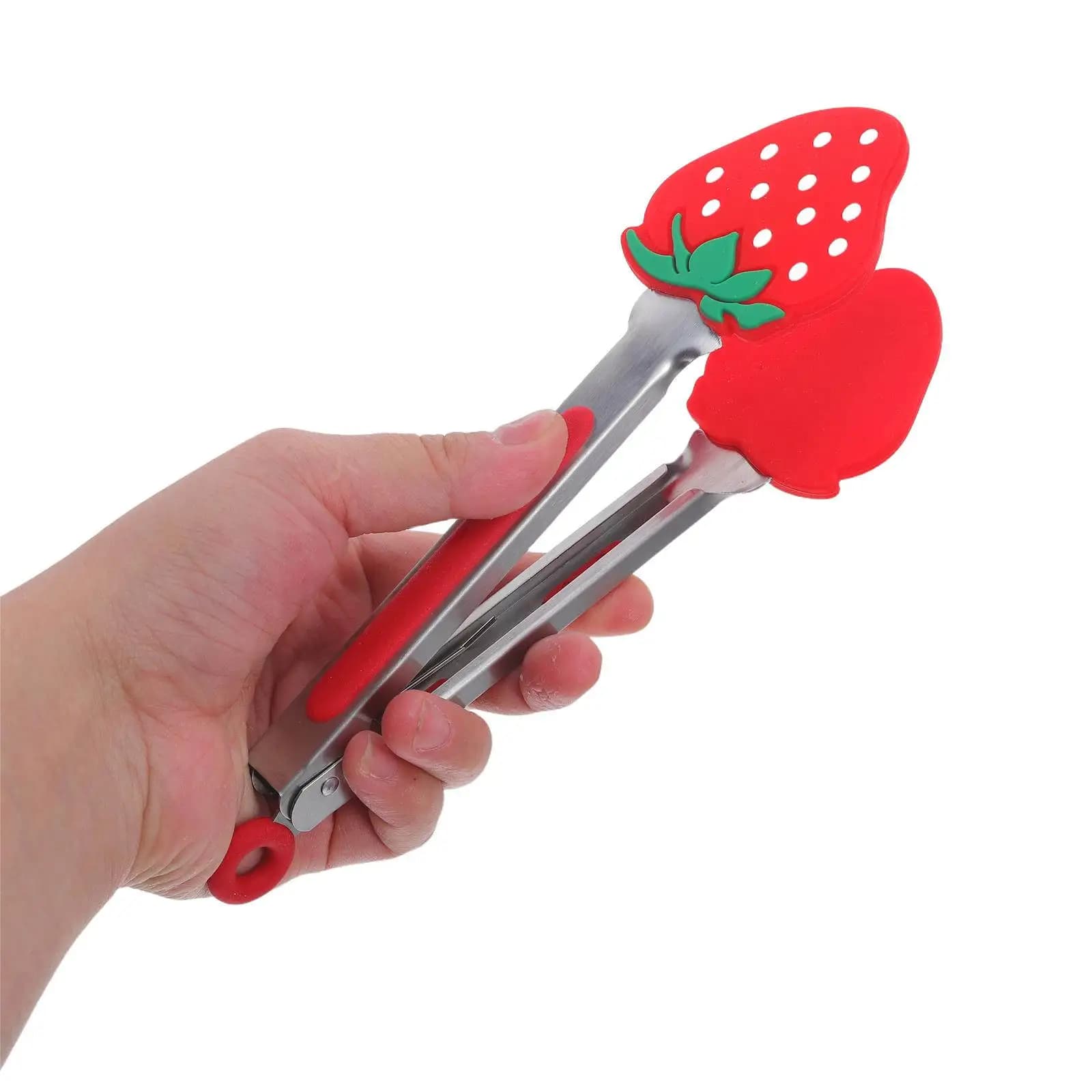 Pinze da Cucina in Acciaio Inox con Punta in Silicone a Forma di Fragola, Antiaderenti, Resistenti al Calore, con Chiusura di Sicurezza per Friggitrice ad Aria e Barbecue