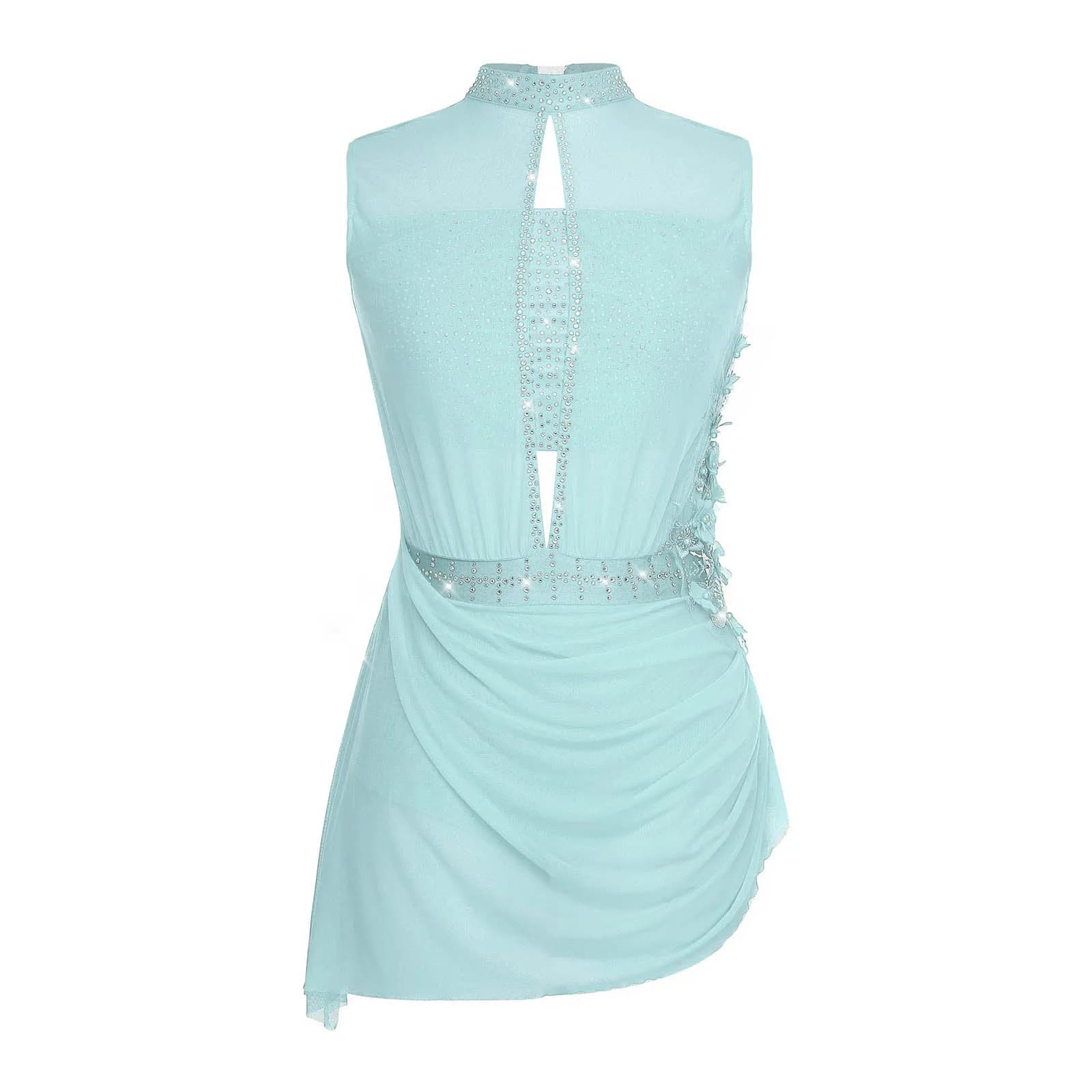 Abito da ballo per pattinaggio di figura da donna Body con fiori applique Costume da ballo lirico Abito sovrapposto in rete trasparente senza maniche senza schienale