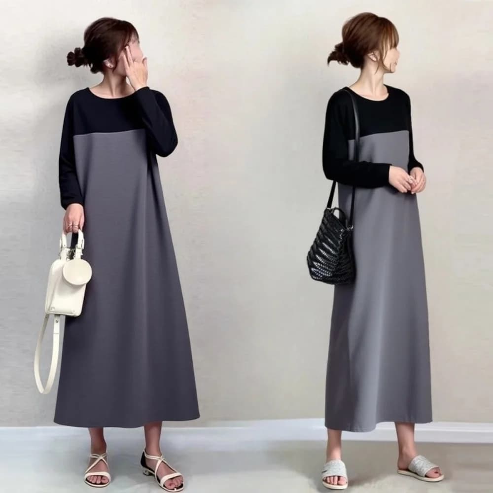 Color Block Long Sleeve round Neck Dress Slimming Base Layer Midi Skirt Korean Style Polyester Fiber Casual Wear Spring 2026