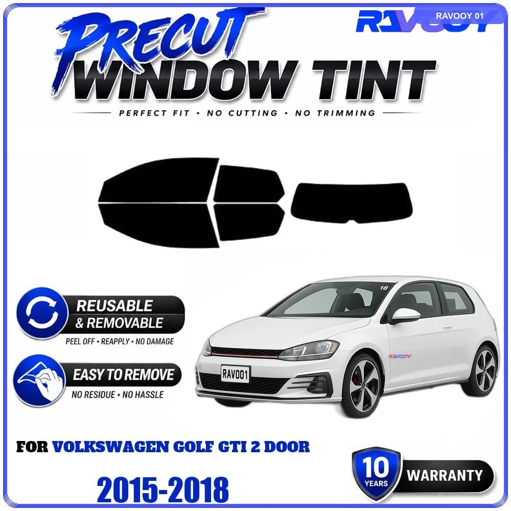 RAVOOY Precut Window Tint, Reusable Removable EPU Film, Custom Fit for Vw Golf GTI 2 Door 2015-2018, UV Heat Protection