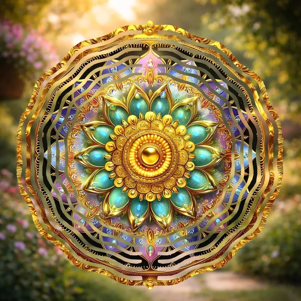 Exquisite Mandala Wind Chime with Gold Accents&Gem Details, Mystical Garden Art for Meditation,Balcony Zen Space, Unique Gift f