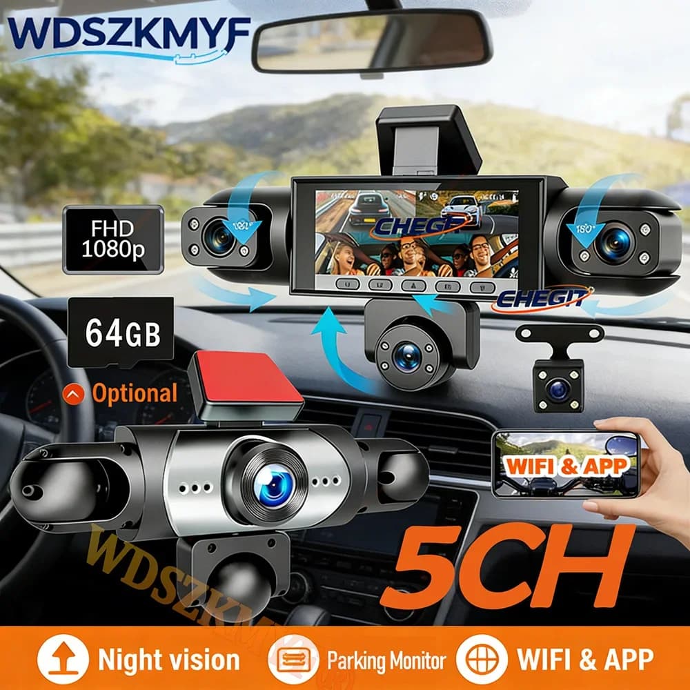 Nuova Dash Cam a 5 Lenti 360° ° Videoregistratore 1080P WIFI APP per auto, telecamera DVR con registrazione anteriore, sinistra, destra e posteriore, dashcam auto a 4 canali.