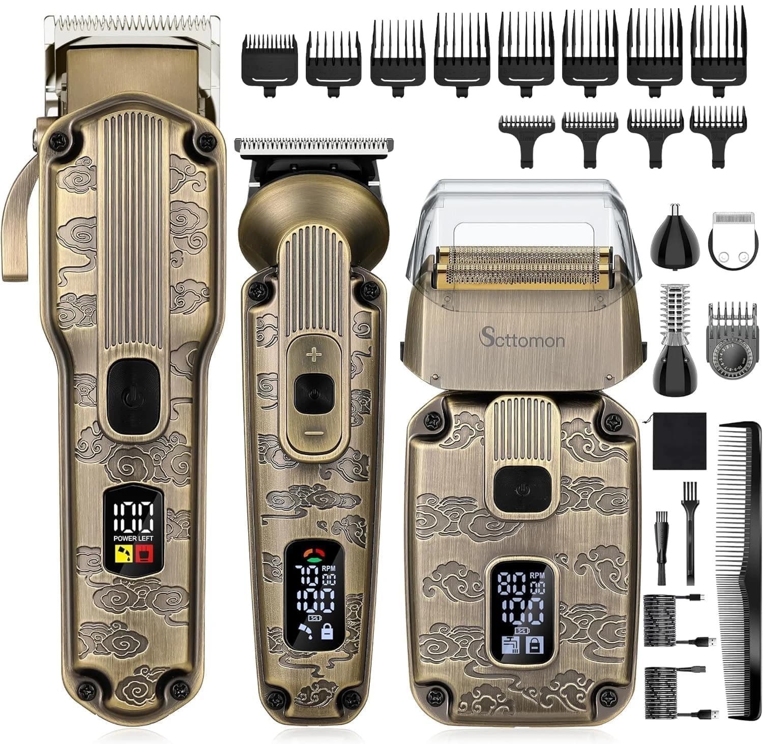 Scttomon Bronze Three-piece Electric Hair Clipper Oil Head Carving Trimmer Razor for Salon Bald Head Push Styling