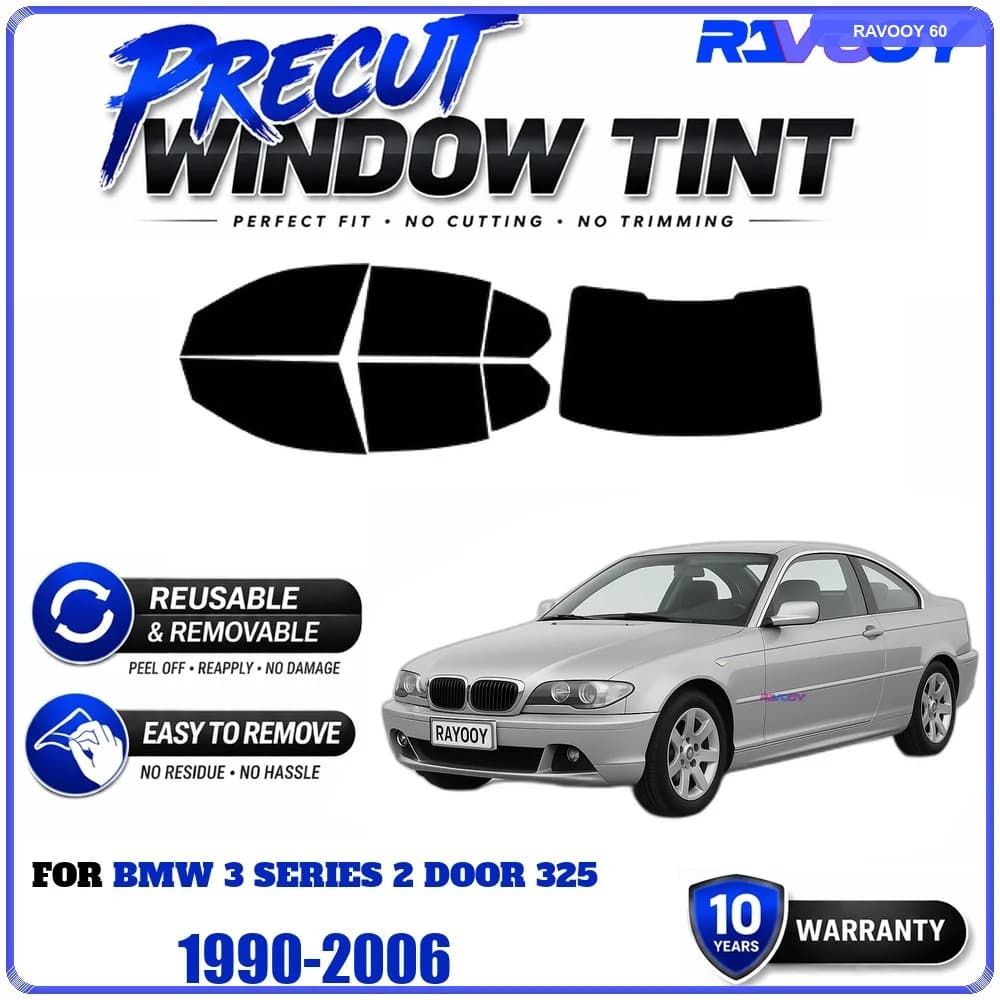 RAVOOY Precut Window Tint, Reusable Removable EPU Film, Custom Fit for Bmw 3 Series 2 Door 325 1990-2006, UV Heat Protection