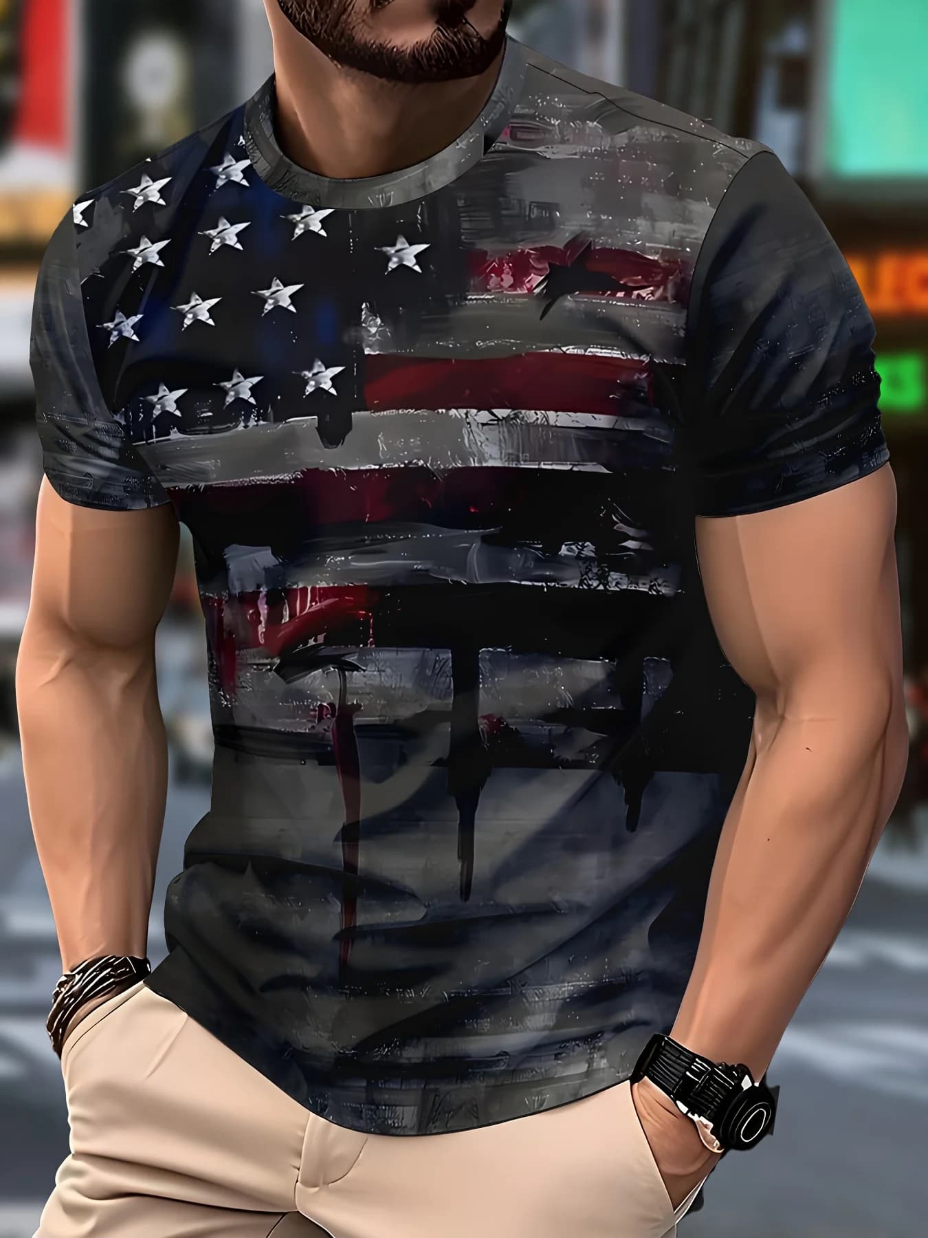 Men Star Stripe Flag Graphic Print T Shirt Summer Short Sleeve Casual Dark Retro Grunge Stylish Daily Wear Sports Graphic Tee