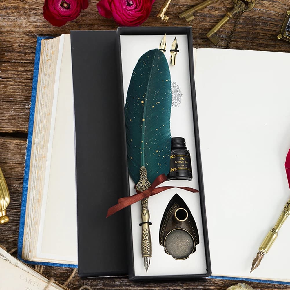 1 Set Classic Texture Practical Calligraphy Feather Dip Pen No Ink Quill Fountain Writing Portable Wedding Gifts