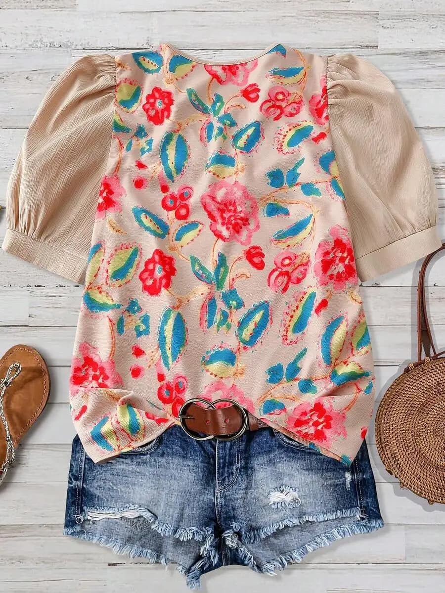 Camicetta Floreale Plus Size da Donna con Scollo a V, Bordo a Contrasto e Maniche a Sbuffo, Camicia Casual Estiva a Maniche Corte