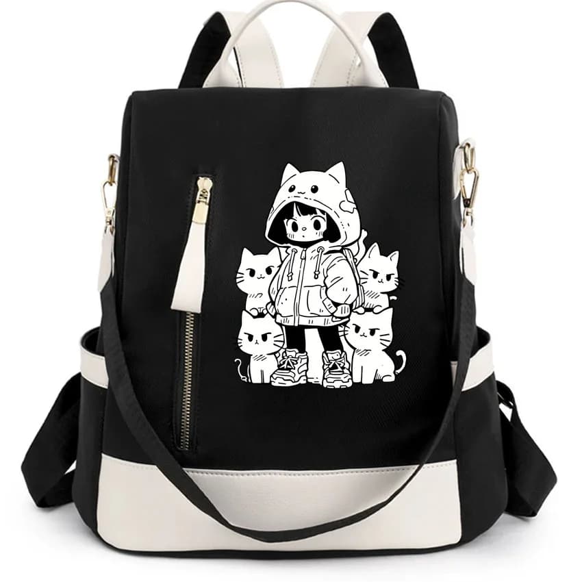 Zaino da viaggio da donna con chiusura a cerniera, design convertibile in borsa a tracolla, stampa con gatto carino e ragazza dei cartoni animati, perfetto per la scuola e il lavoro