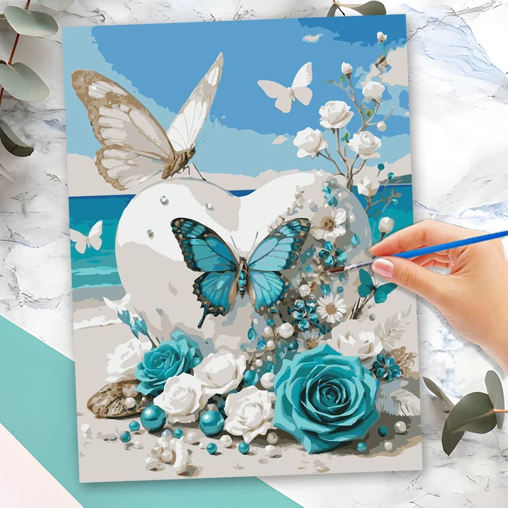 Momoart Kit Pittura con Numeri Farfalla Animale Fiore Fai da Te, Quadro su Tela con Cornice, Tema Mare Cuore, Dipinto a Mano, Regalo