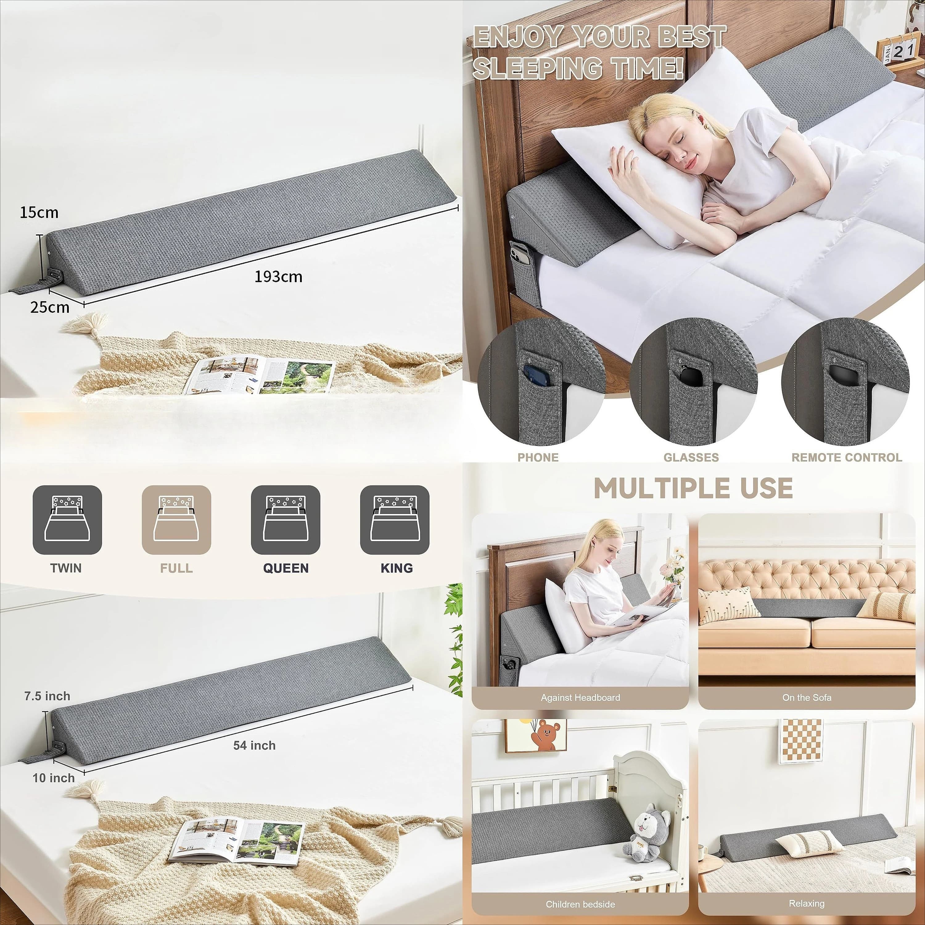 Memory Foam Bed Rail Filler Triangle Pillow for Kids Adults, Anti-Fall Cushion for Bed Side