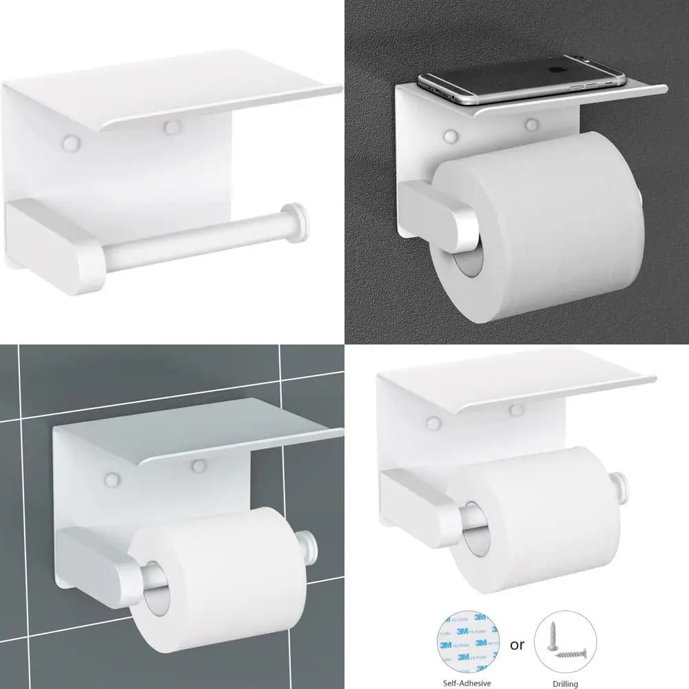 Porta carta igienica a parete in acciaio inossidabile con ripiano per telefono - Porta rotolo di carta igienica da bagno bianco