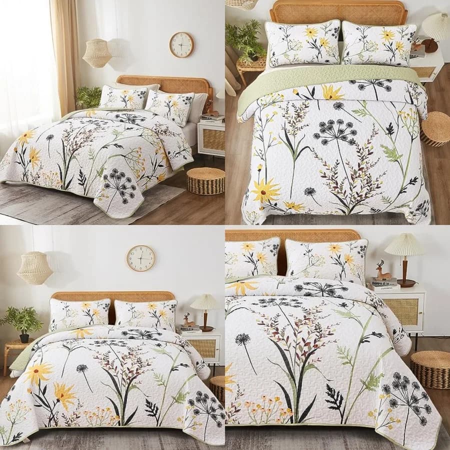 Set Copriletto Floreale, Trapuntino Bianco con Motivi Botanici, Set Copriletto Primaverile 3 Pezzi, Morbido e Leggero in Microfibra