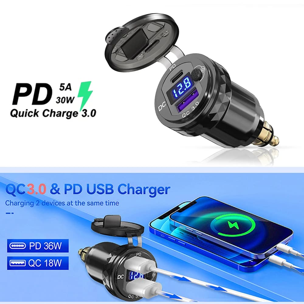 Quick USB Charger Type C 36W PD3.0 QC3.0 for Moto Triumph Tiger 900 and BMW R1250GS R1300GS, Power Adapter with Plug Hella DIN