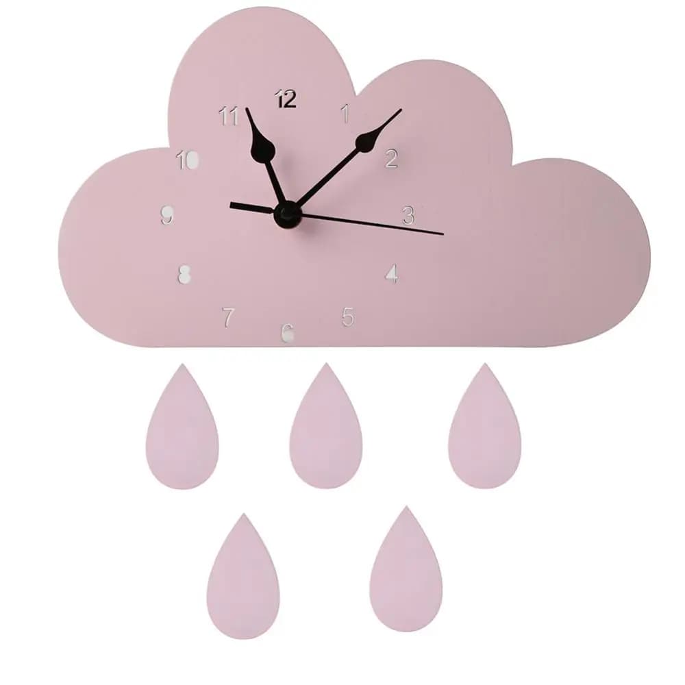 Nordic Wooden Cloud Raindrop Shaped Wall Clock Nursery Kids Room Decoration