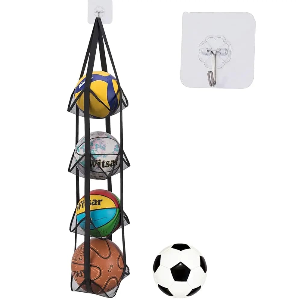 Borsa organizer nera da appendere per palloni sportivi | Supporto a Parete in Rete per Palloni da Basket, Calcio, Pallavolo | Garage e Officina