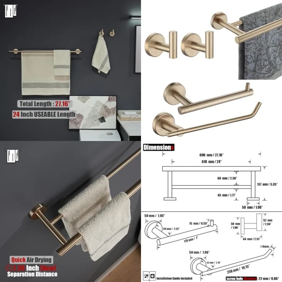 Set di Accessori per il Bagno, Set di 5 Pezzi da Parete Include Portasciugamani da 24 Pollici, Barra HT da 9 Pollici, Porta TP, Gancio per Asciugamani x 2