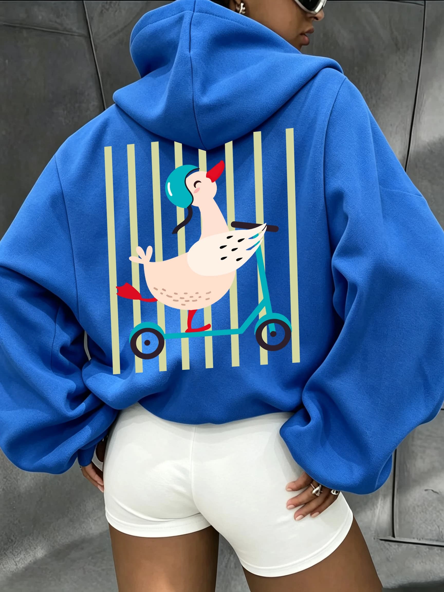 Cute Goose Riding Scooter Prints Women'S Hoodies Loose Fleece Hoody Running Pocket Pullovers Autumn Y2K Female Streetwear
