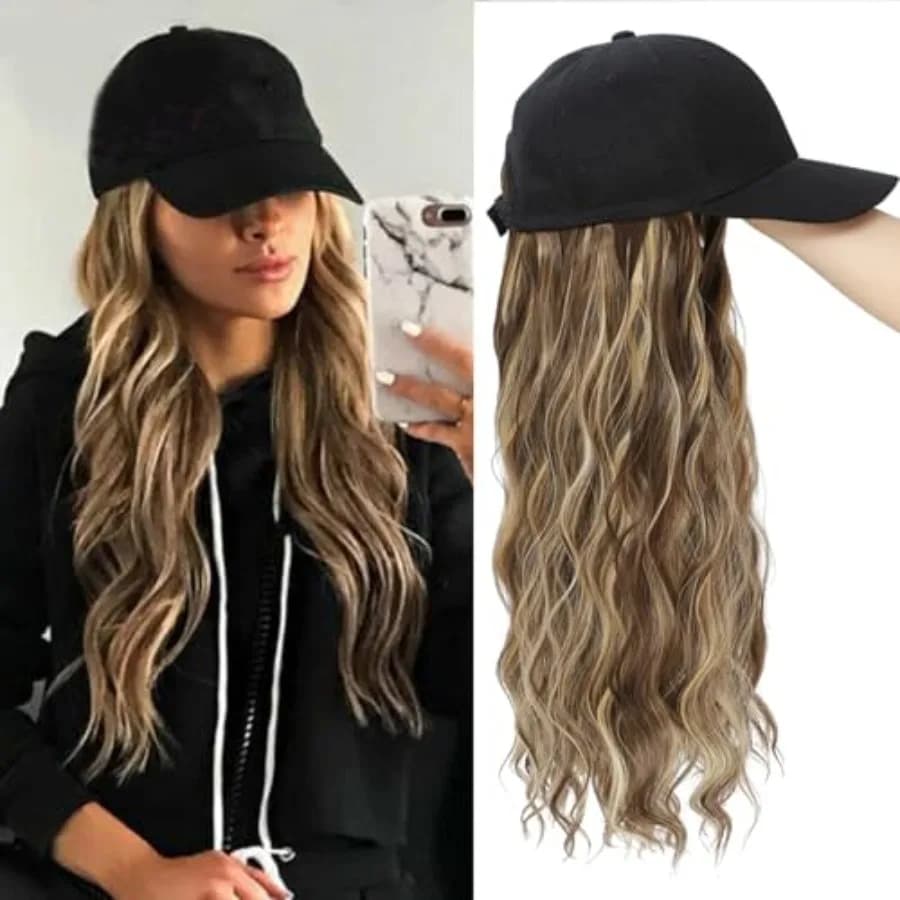 Baseball Cap Wig Long Natural Wavy Hair Extensions With Hat Heat Resistant Synthetic Mix Brown blonde Fiber Extensions Adjustab