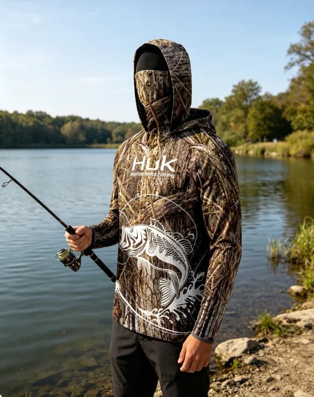 Abbigliamento da Pesca HUK, Maglietta Mimetica a Maniche Lunghe con Maschera, Protezione UV, Traspirante, con Cappuccio, per Uomo
