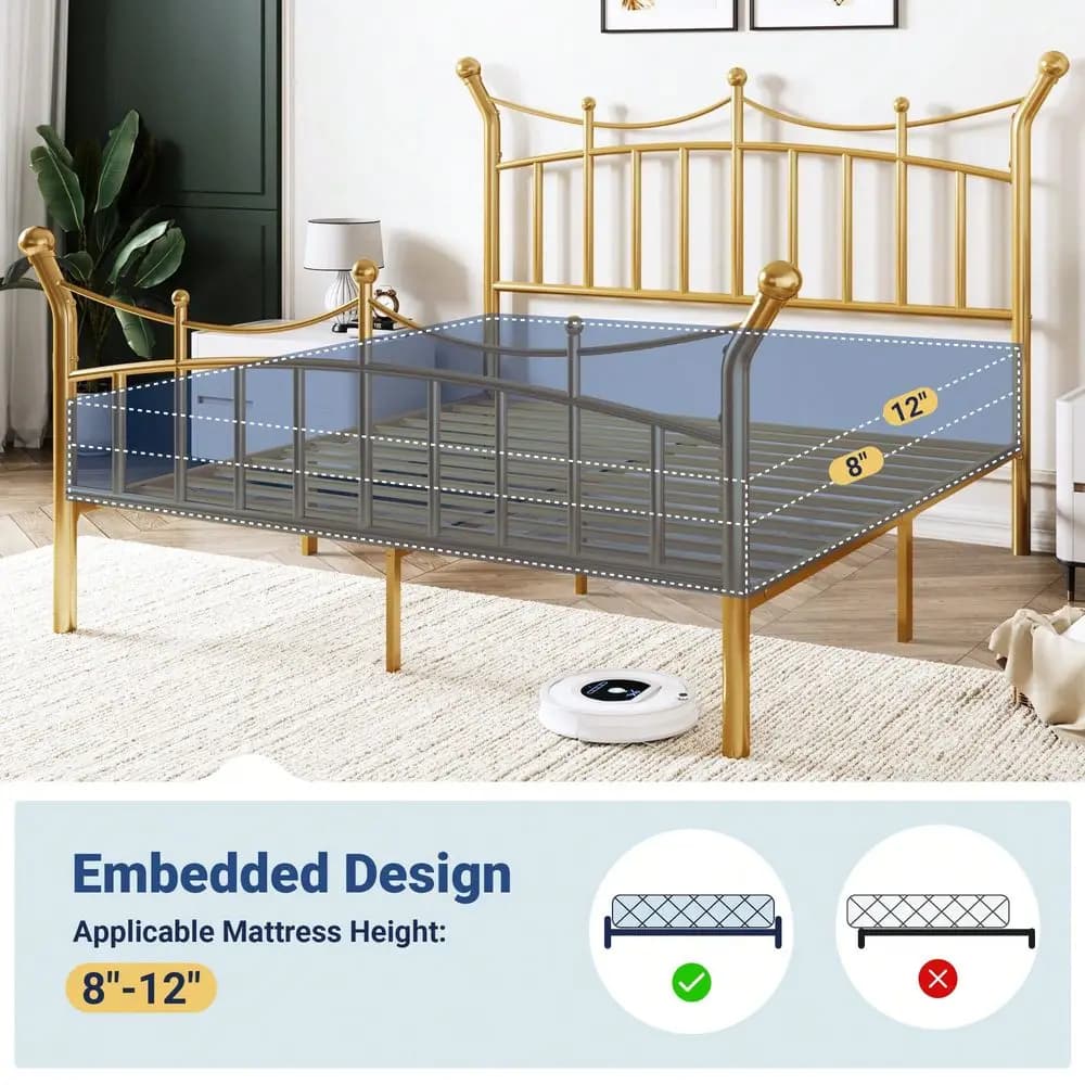 14 inch metal bed base with queen or king size platform, with elegant headboard and crown footboard, sturdy mattress base