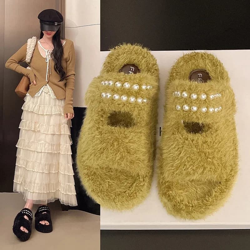 Women’s Furry Plush Slide Slippers Pearl Decoration Open Toe House Sandals Warm Thick Sole Indoor Outdoor Wear Winter Footwear