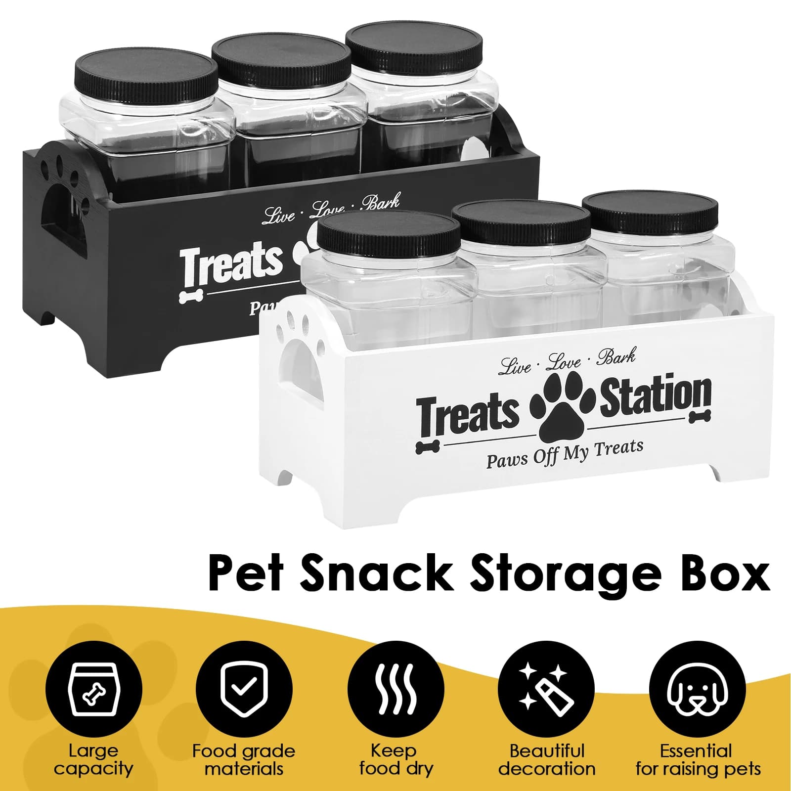 3 pezzi contenitore per alimenti per animali domestici vasetti per dolcetti per cani e gatti con supporto in legno organizzatore di stoccaggio per snack per animali domestici per biscotti per cani dolcetti per gatti NUOVO