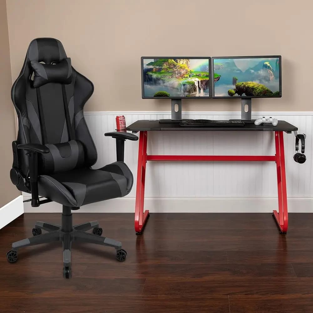 Bundle Gaming EMMA + OLIVER - Scrivania, Portabicchieri/Gancio e Sedia Reclinabile Grigia